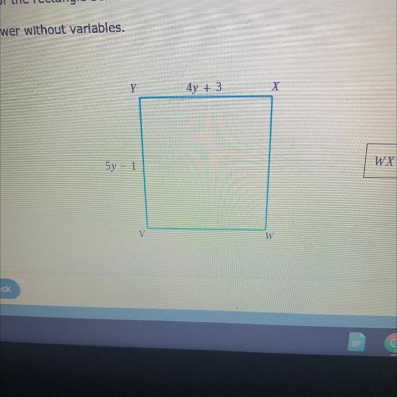 The perimeter of the rectangle below is 94 units. Find the length of side WX. Write-example-1