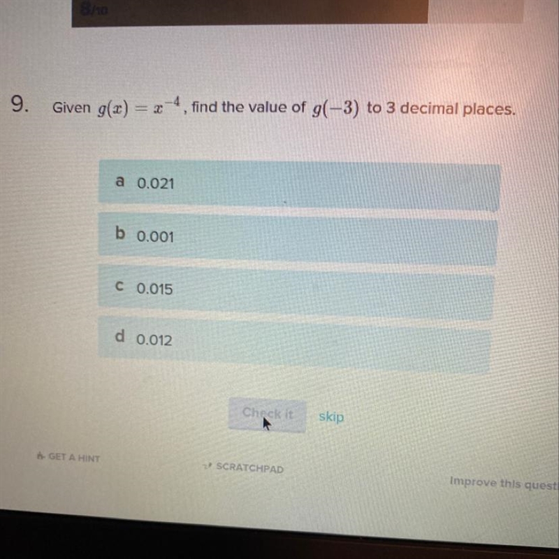 Given g(x) = x+4. find the value of g(-3) to 3 decimal places,-example-1