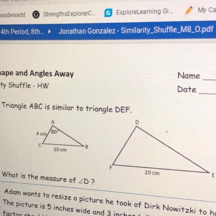 1. Triangle ABC is similar to triangle DEF. D А 80 4 cm B С 10 cm 20 cm E What is-example-1