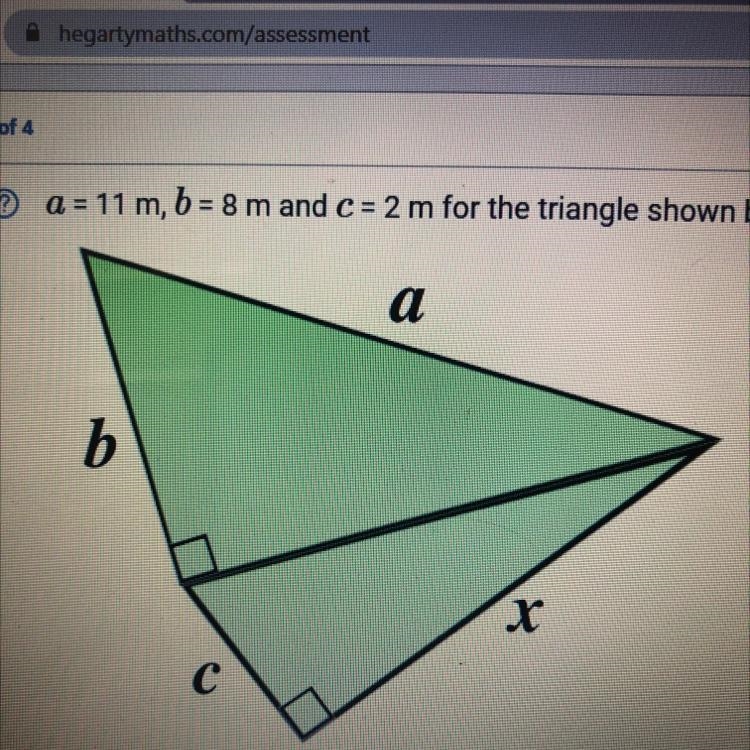 A = 11m, b = 8m and C = 2m for the triangle shown below. Work out the value of x, giving-example-1