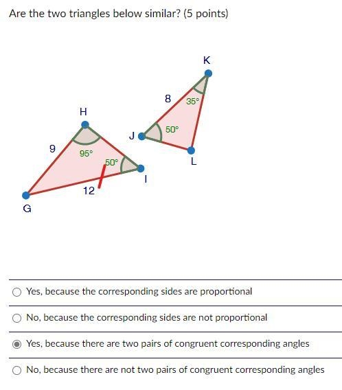 Are the triangles below similar?-example-1