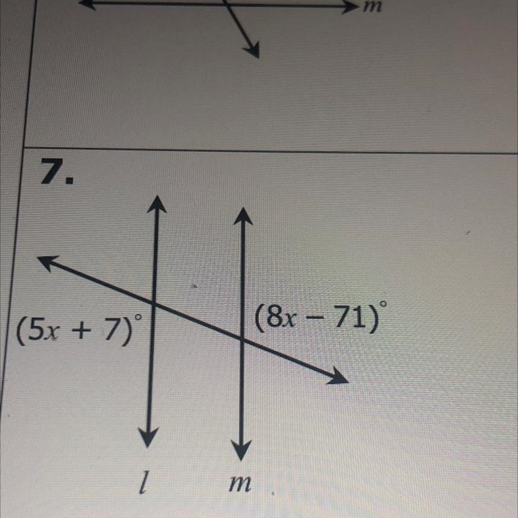 If l is parallel to m, find the value of each missing variable.-example-1