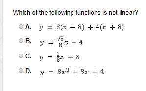 Which of the following functions is not linear?-example-1