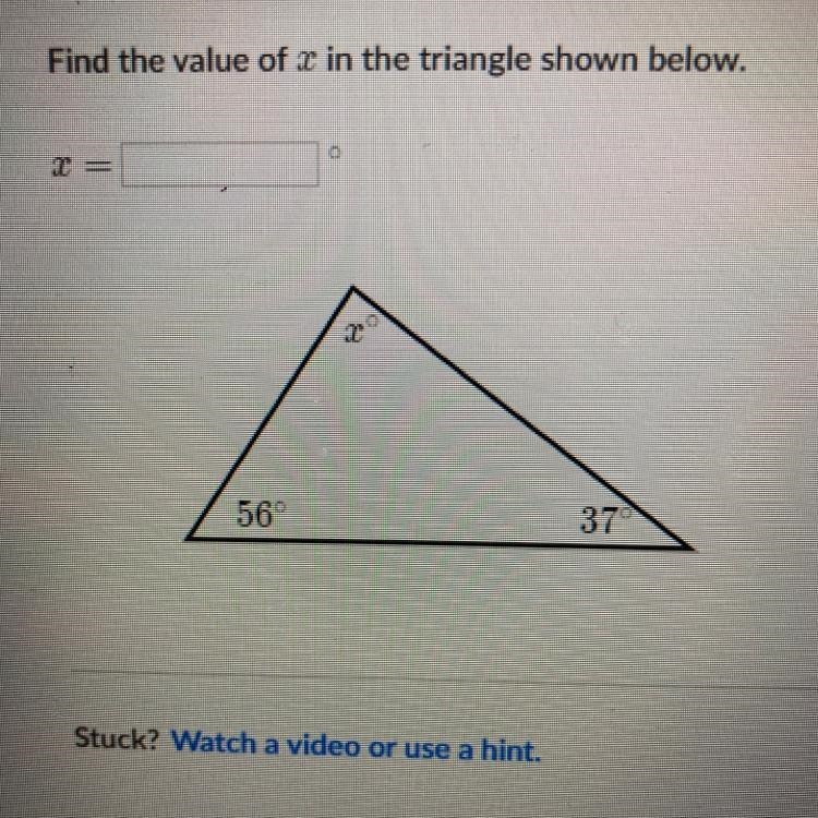 Find the value of x in the triangle shown below. x = ? (this is another question)-example-1