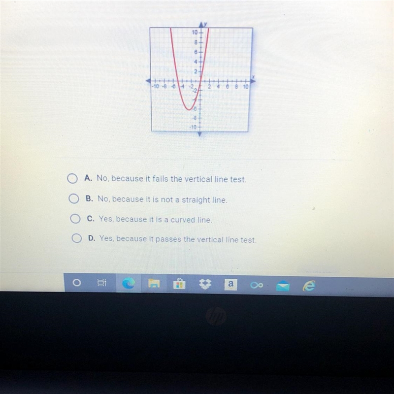 Does this graph represent a function? Why or why not? 10 8 2 -503842 -10 A. No, because-example-1