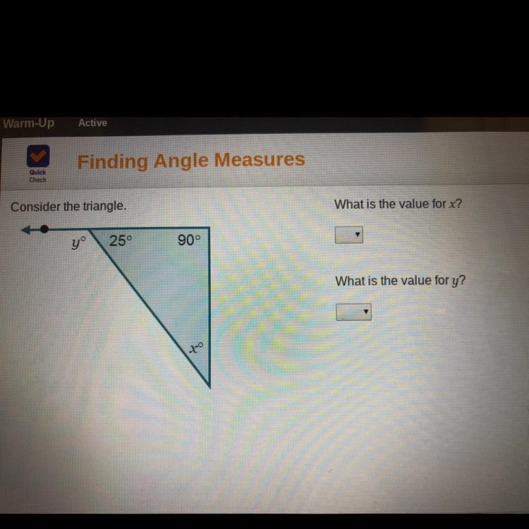 Consider the triangle. what is the value for X what is the value for y?-example-1