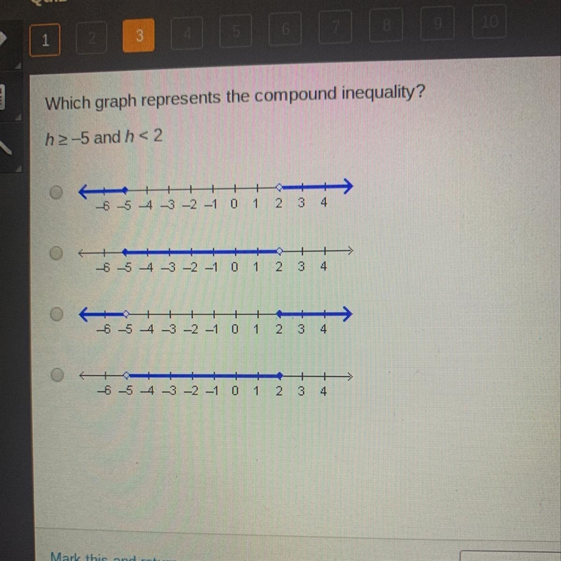 Help I need to pass !!! Which graph represents the compound inequality? h2-5 and h-example-1