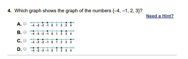 Which graph shows the graph of the numbers {–4, –1, 2, 3}?-example-1