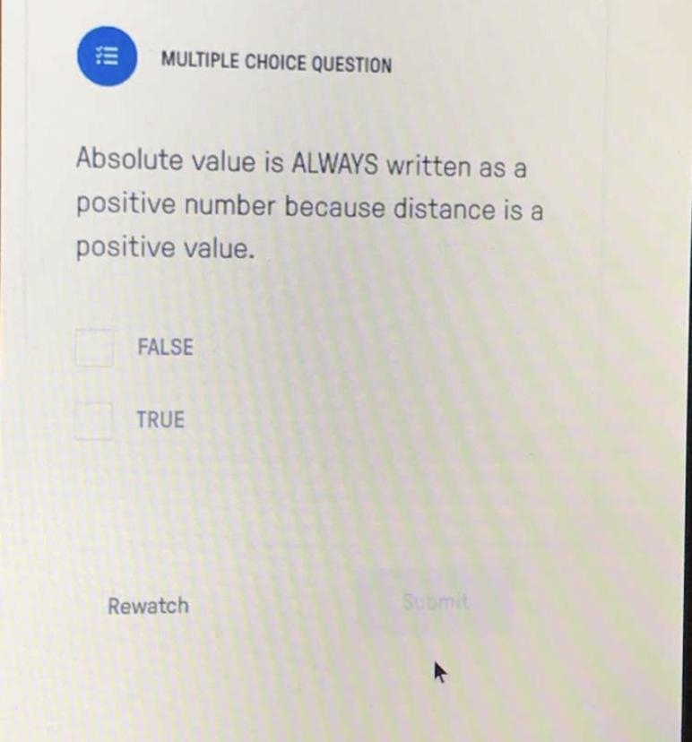 Absolute value is ALWAYS written as a positive number because distance is a positive-example-1