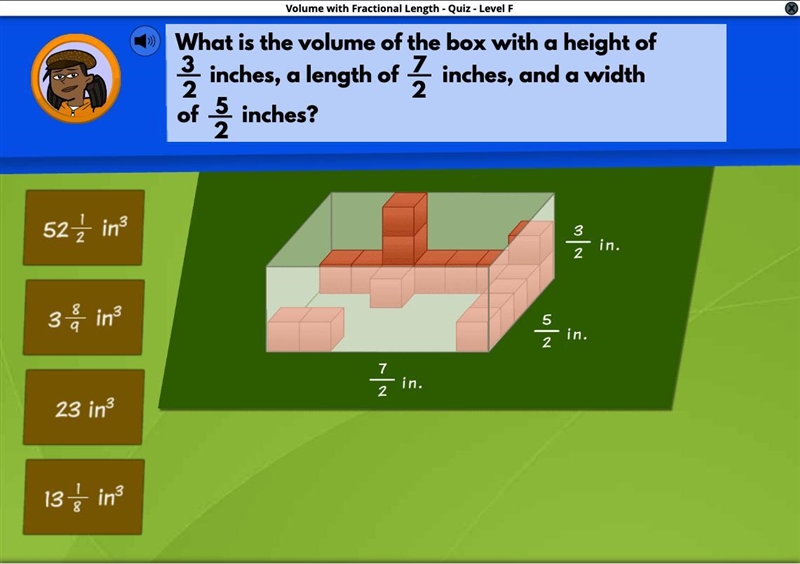 What is the volume of a box with a height of 3/2 inches, a length of 7/2 inches, and-example-1