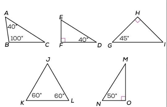 Analyze the triangles shown. Which triangles are similar? A: Triangles ABC and DEF-example-1