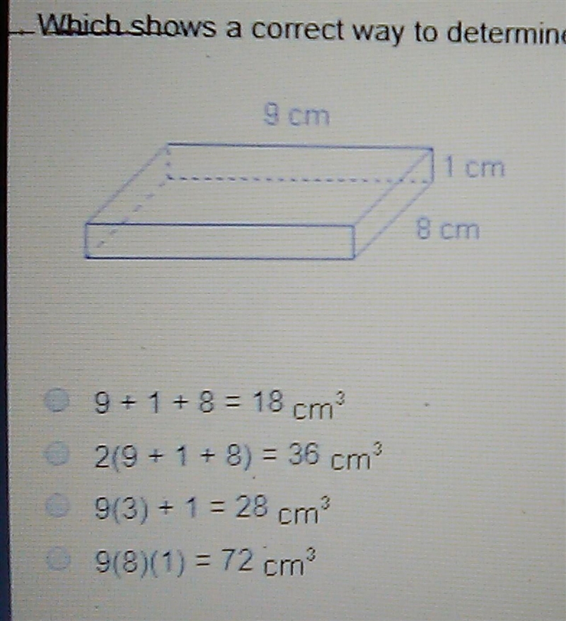 Which shows a correct way to determine the volume of the right rectangular prism? 71cm-example-1