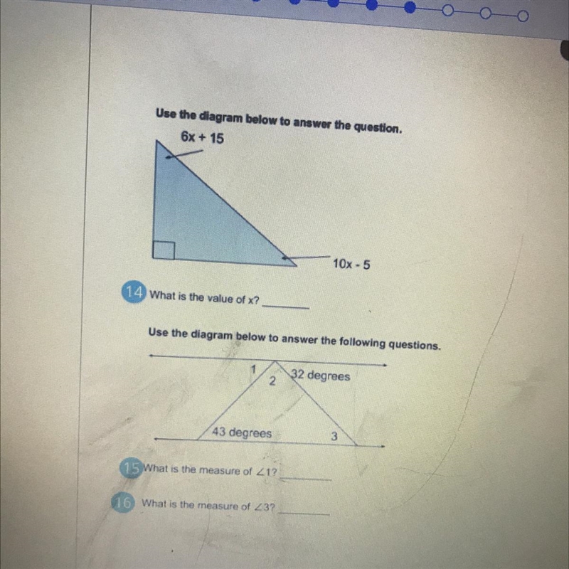 Use the diagram below to answer the question. 6x + 15 10x-5 14 What is the value of-example-1