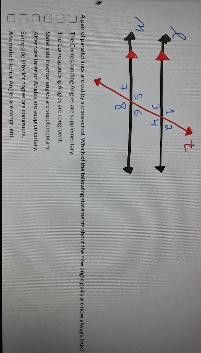 A pair of parallel lines are cut by a transversal. Which of the following statements-example-1