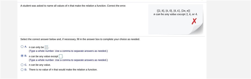 Ive been on vacation and forgot simple math what part of a function cant repeat? help-example-1