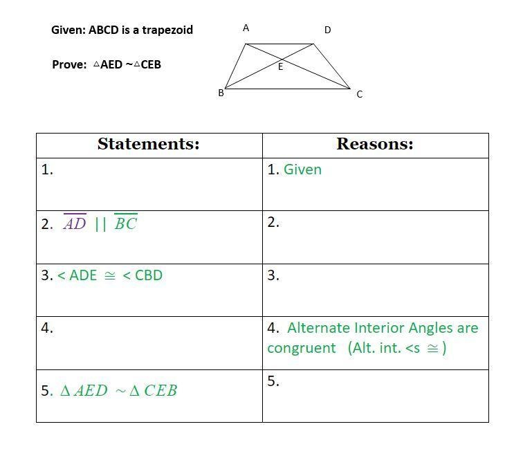 Proving triangle similarities Given ABCD is a trapezoid Prove triangle AED is approximately-example-1