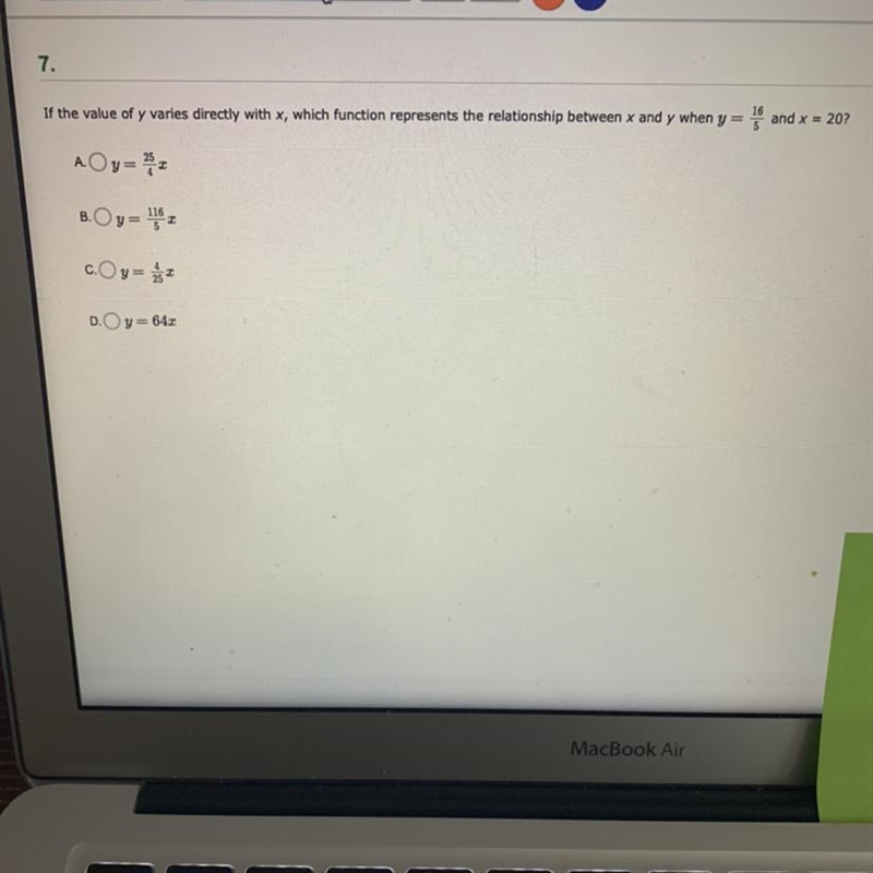 If the value of y varies directly with x,which function represents the relationship-example-1