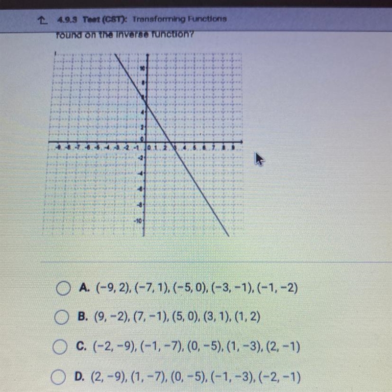 Given the graphed function below, which of the following ordered pairs are found on-example-1