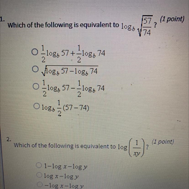 Which of the following is equivalent to logb sqrt 57/74-example-1