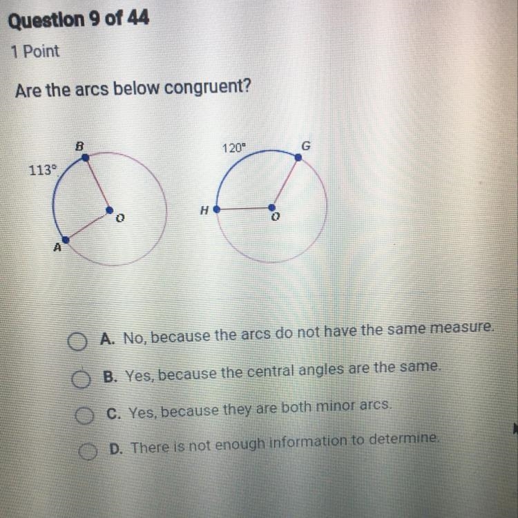 Are the arcs below congruent? Please help me fast-example-1