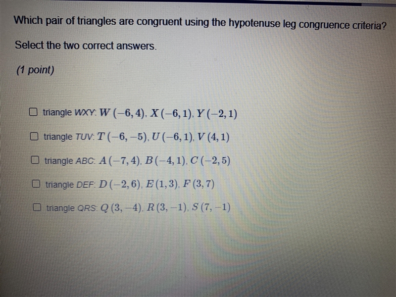 Which pair of triangles that are congruent that are using the hypotenuse leg congruence-example-1