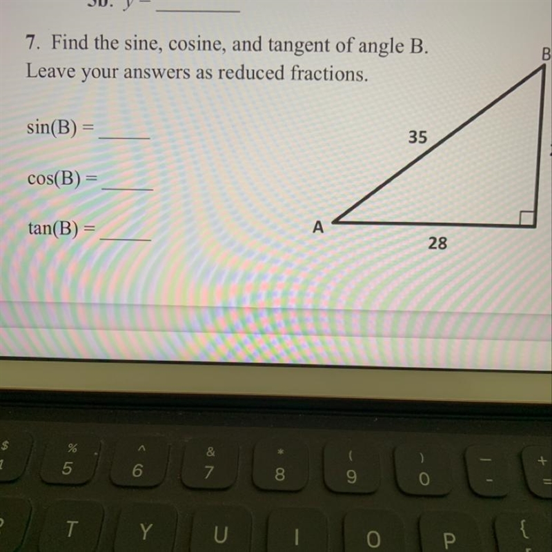 Please help it’s urgent!! Find the sine, cosine and tangent of angle B. Leave answers-example-1