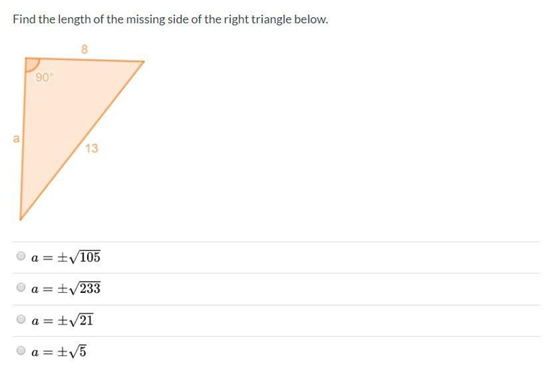 Find the length of the missing side of the right triangle below.-example-1