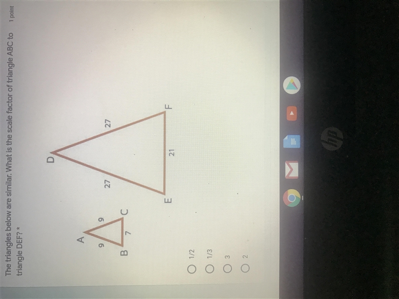 The triangle below are similar. What is the scale factor of triangle ABC to triangle-example-1