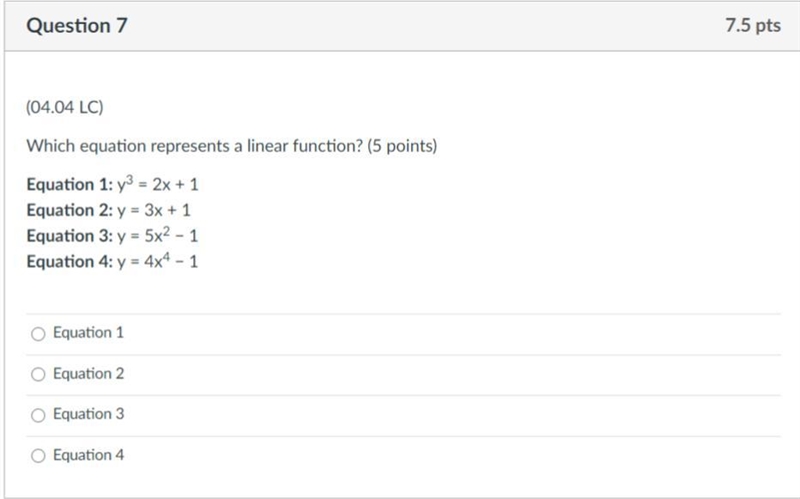 Which equation represents a linear function? (5 points) Equation 1: y3 = 2x + 1 Equation-example-1