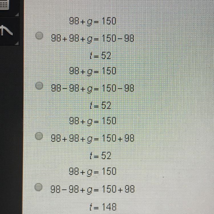 PLS HELP ASAP!! What is the solution to the equation? 98+g=150-example-1