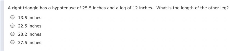 I need help asap if you would. A right triangle has a hypotenuse of 25.5 inches abd-example-1