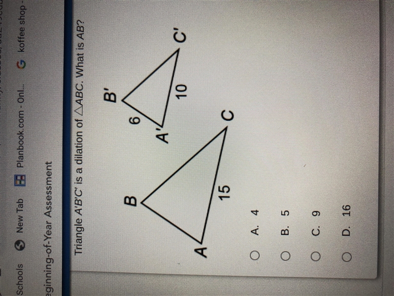 Triangle A’ B’ C’ is a dilation of ABC. What is AB?-example-1