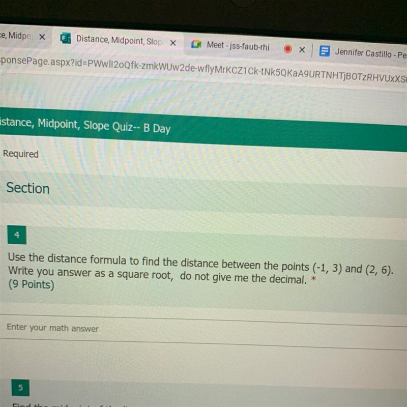 Use the distance formula to find The distance between the points (-1 ,3) and (2,6) write-example-1