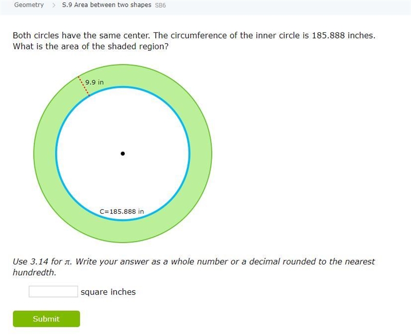 Please help! Both circles have the same center. The circumference of the inner circle-example-1