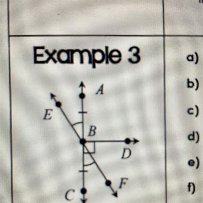 A) Write another name for CBF. b) Name the sides of EBD. c) Classify ABC. d) Give-example-1