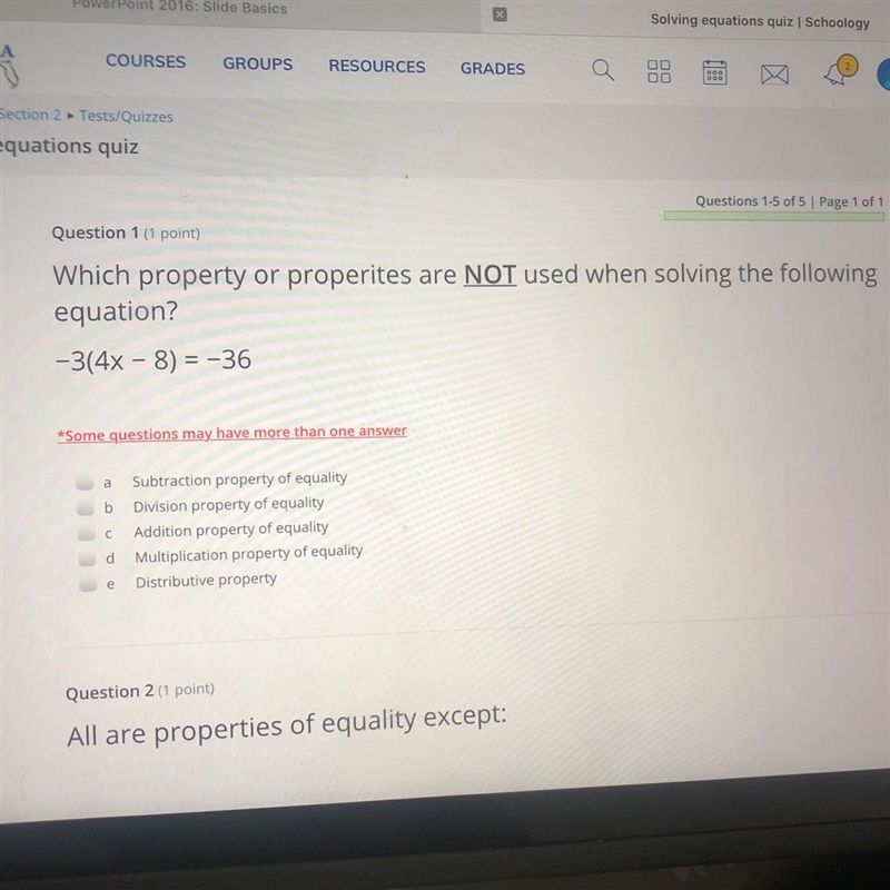 What property or properties are not used when solving the following equation -3(4x-example-1