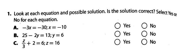 look at each equation and possible solution. is the solution correct? Select yes or-example-1