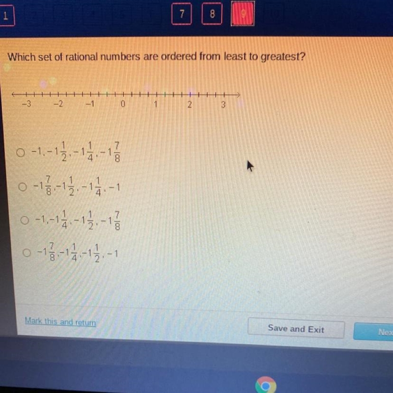 Which set of rational numbers are ordered from least to greatest? -3 - 2 -1 0 1 2 3 0-1-13.-14.-13 0-1,-1,-1,-1 0 -1,-11/11 - 11/20 - 11 0-13-13-13-1 Help-example-1