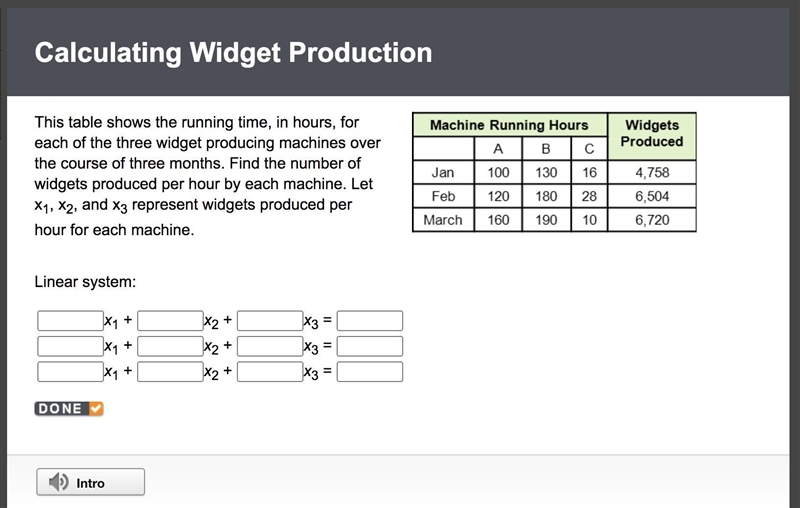 This table shows the running time, in hours, for each of the three widget producing-example-1