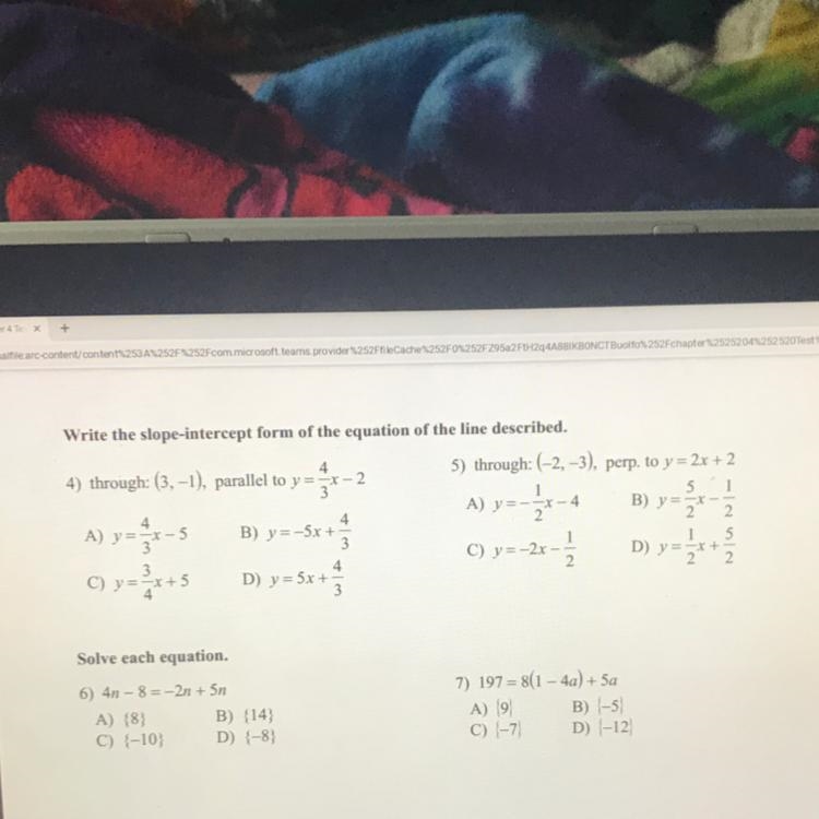 Write the slope-intercept form of the equation of the line described. 5. through (-2,-3), perp-example-1