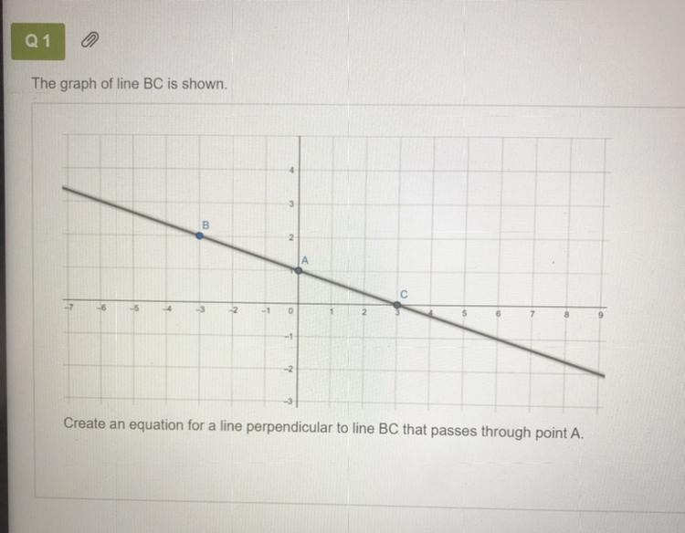 The graph of line BC is shown. Create an equation for a line perpendicular to line-example-1