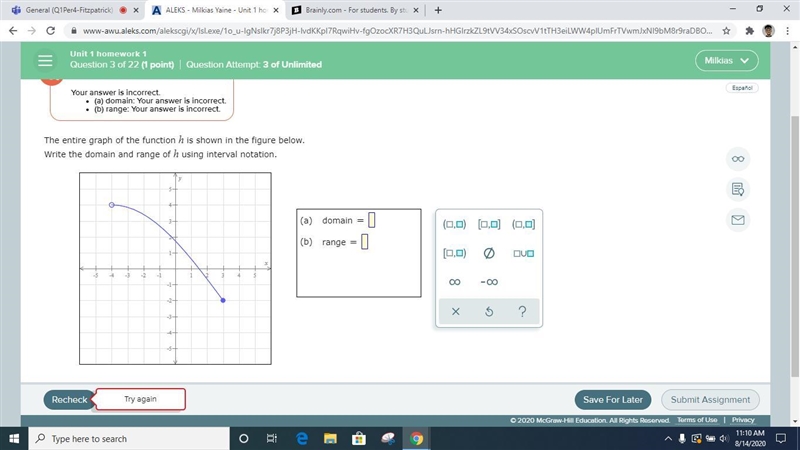 The entire graph of the function h is shown in the figure below. Write the domain-example-1