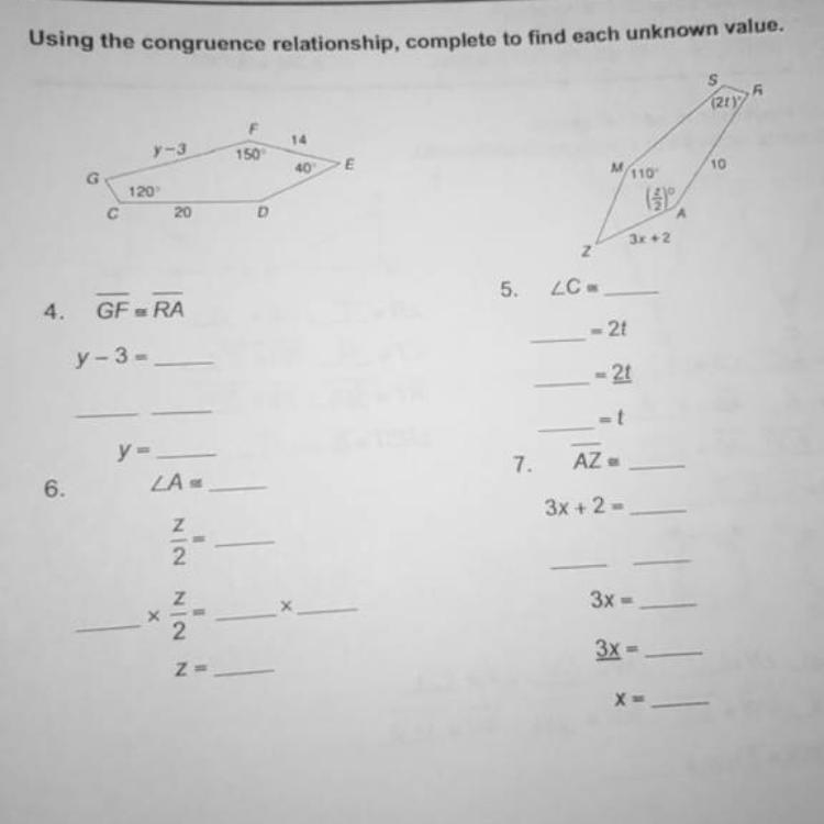 PLZ HELP ASAP!Using the congruence relationship,complete to find each unknown value-example-1