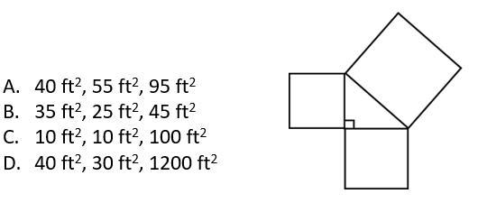 4. Which of the following could be the areas of the three squares shown?-example-1