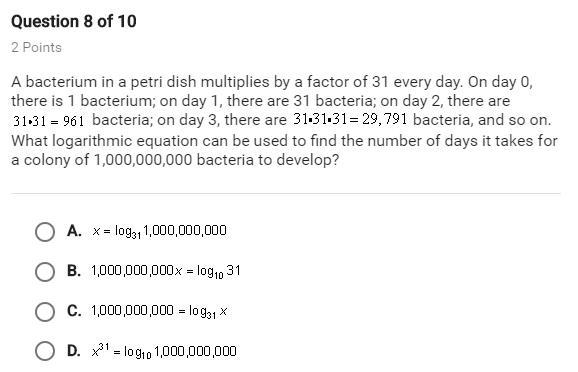 A bacterium in a petri dish multiplies by a factor of 31 every day. On day O, there-example-1