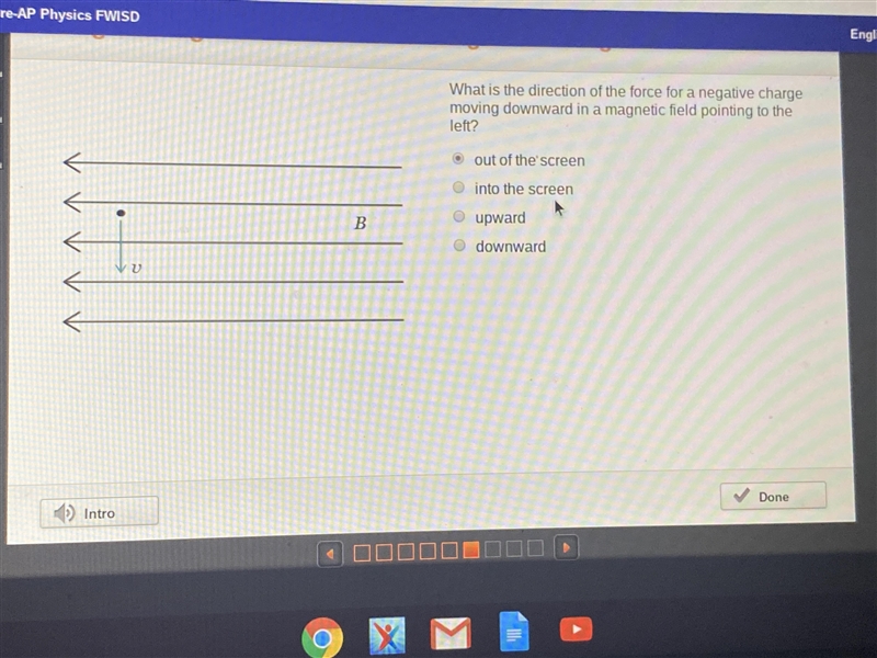 What is the direction of the force for a negative charge moving downward in a magnetic-example-1