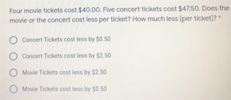 Four movie tickets cost $40.00 dollars( look above for the rest of the question plss-example-1