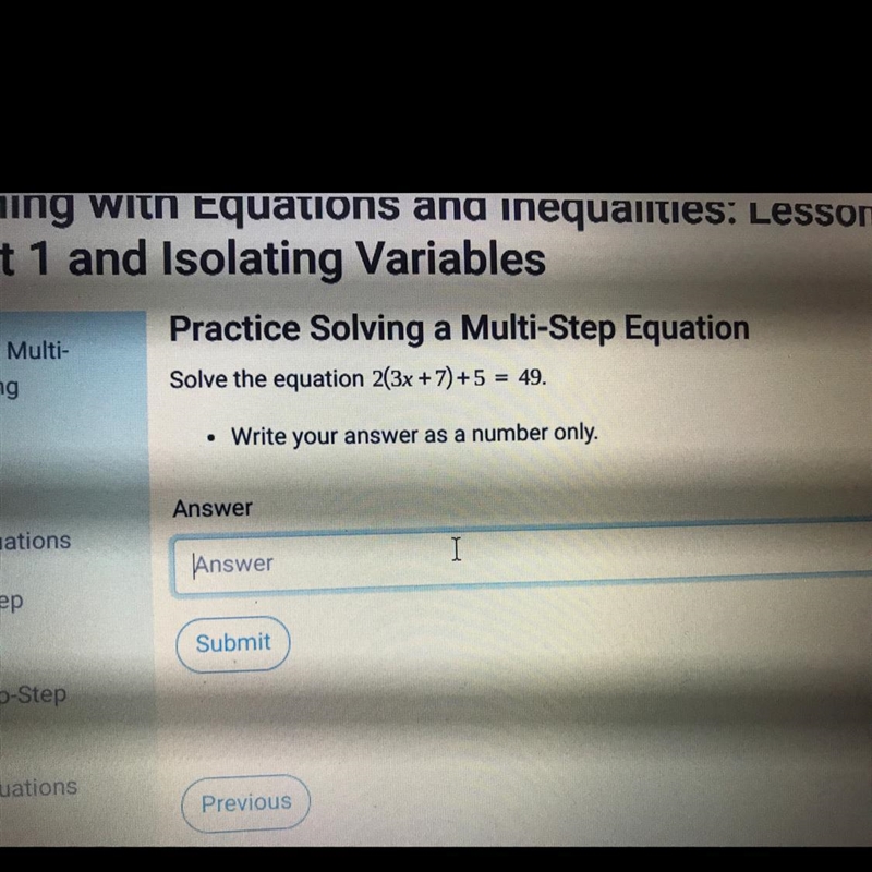 Solve the equation 2(3x + 7) + 5 = 49.-example-1