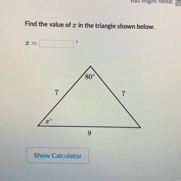 Find the value of x in the triangle shown below.-example-1