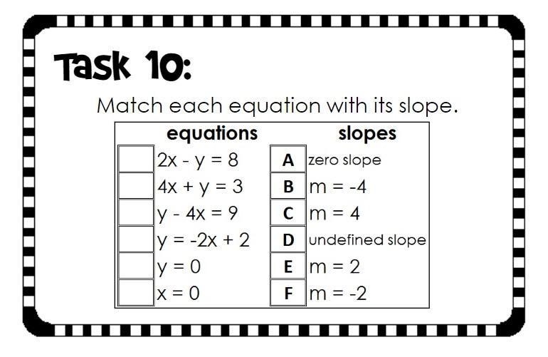 PLEASE HELP!!!!! Match each equation with its slope (I also have another question-example-1